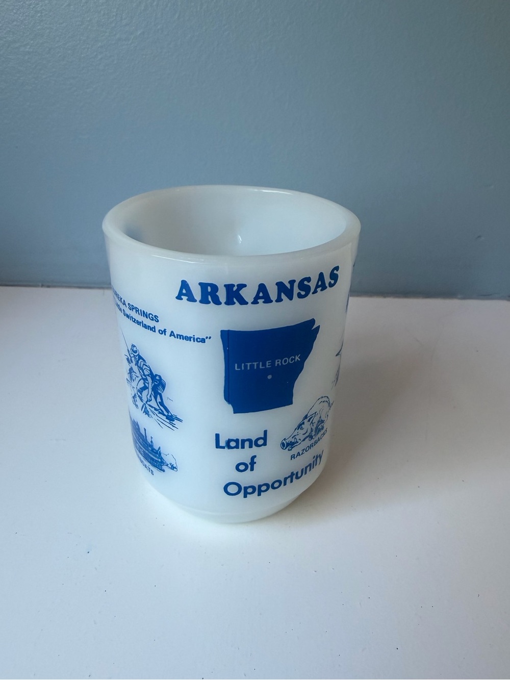 Anchor Hocking Fire King Milk Glass Arkansas Mug 70s collectible razorback
